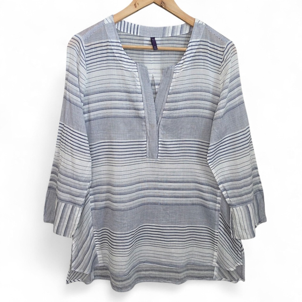 NYDJ Top Womens Medium Blue White Striped Sheer V Neck Tunic Blouse Casual